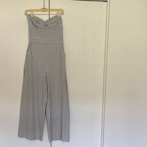 Veronica Beard Grey & White Strapless Twisted Bust Wide-Leg Jumpsuit